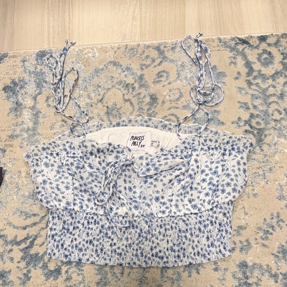 Princess Polly White and Blue Floral Smocked Tie-Shoulder Crop Top
